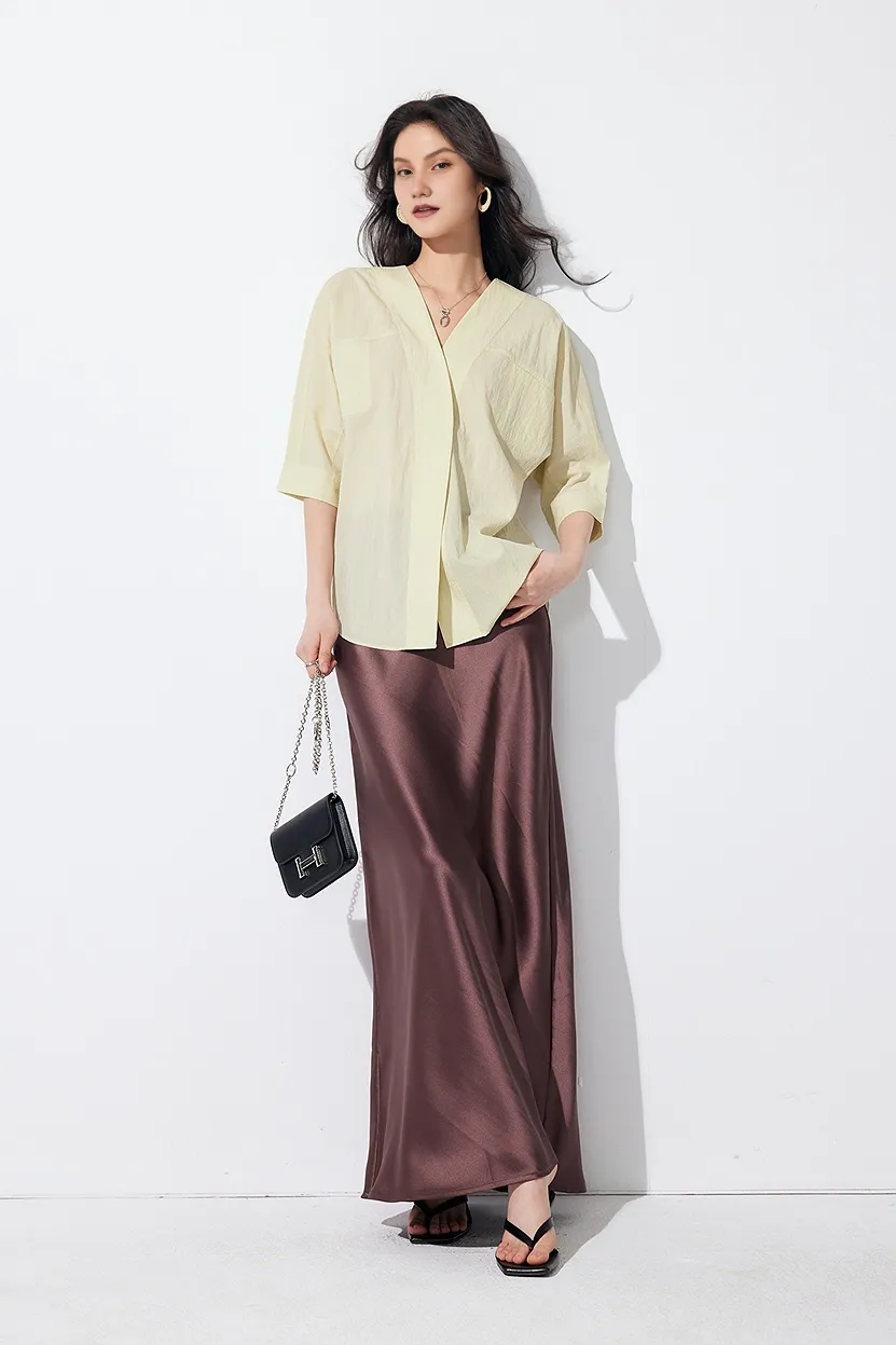 Loose Fit Collarless V Neck T Shirt with Concealed Button Placket