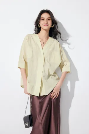 Loose Fit Collarless V Neck T Shirt with Concealed Button Placket
