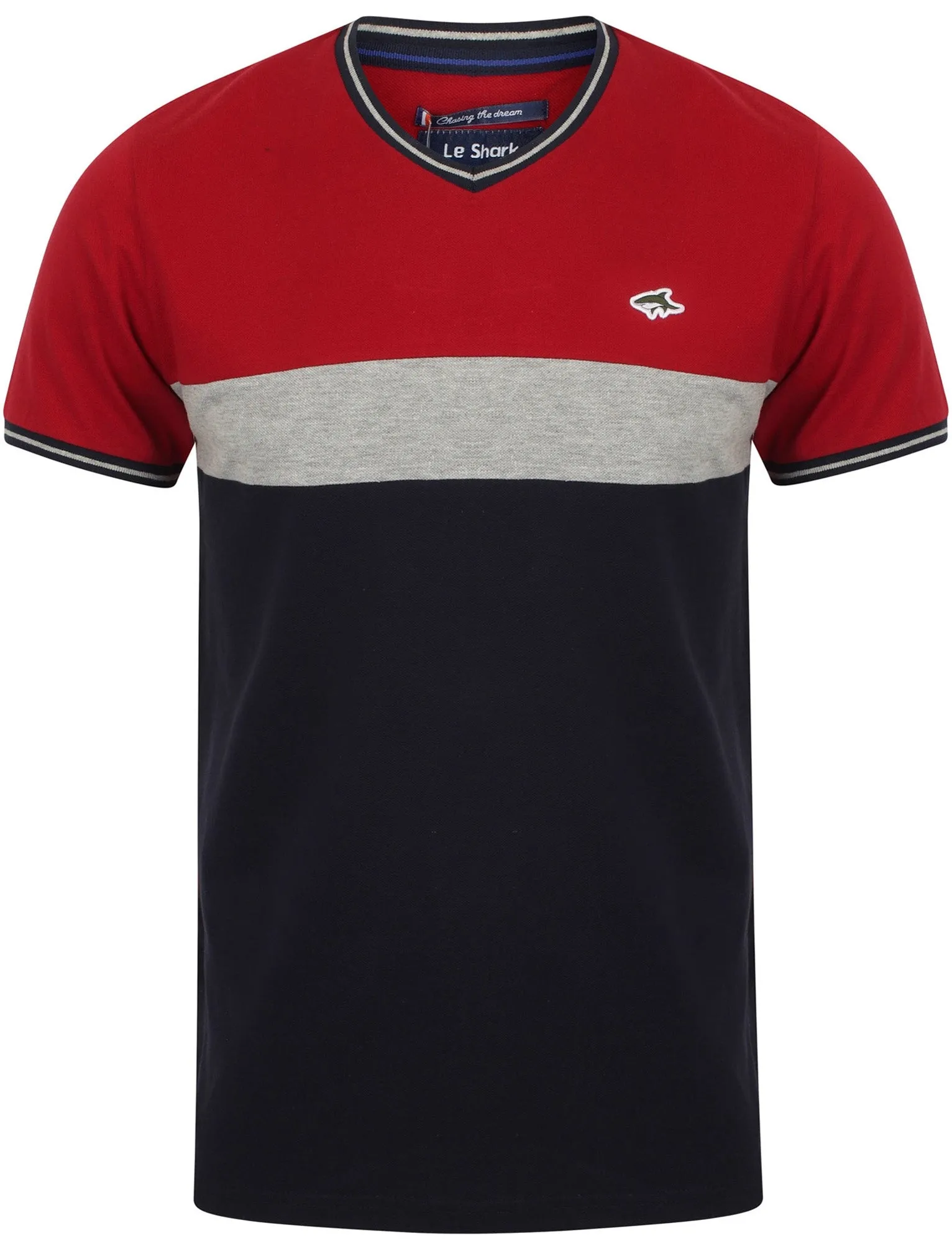 Maddams Colour Block V Neck Cotton T-Shirt In Red - Le Shark