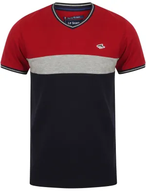 Maddams Colour Block V Neck Cotton T-Shirt In Red - Le Shark