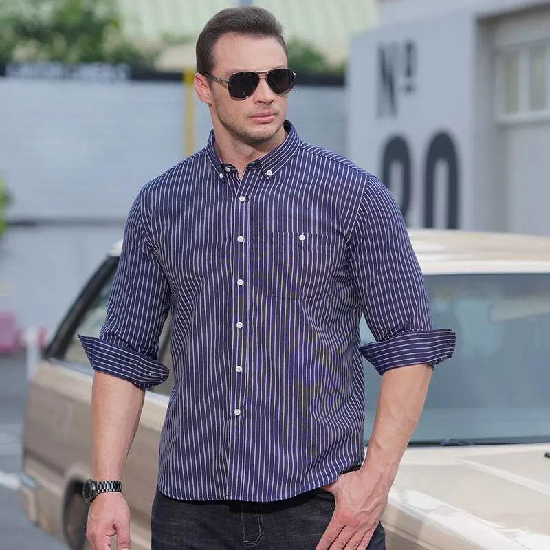 Men's Button-Down Collar Shirt Stripe Plus Size in Dark Blue