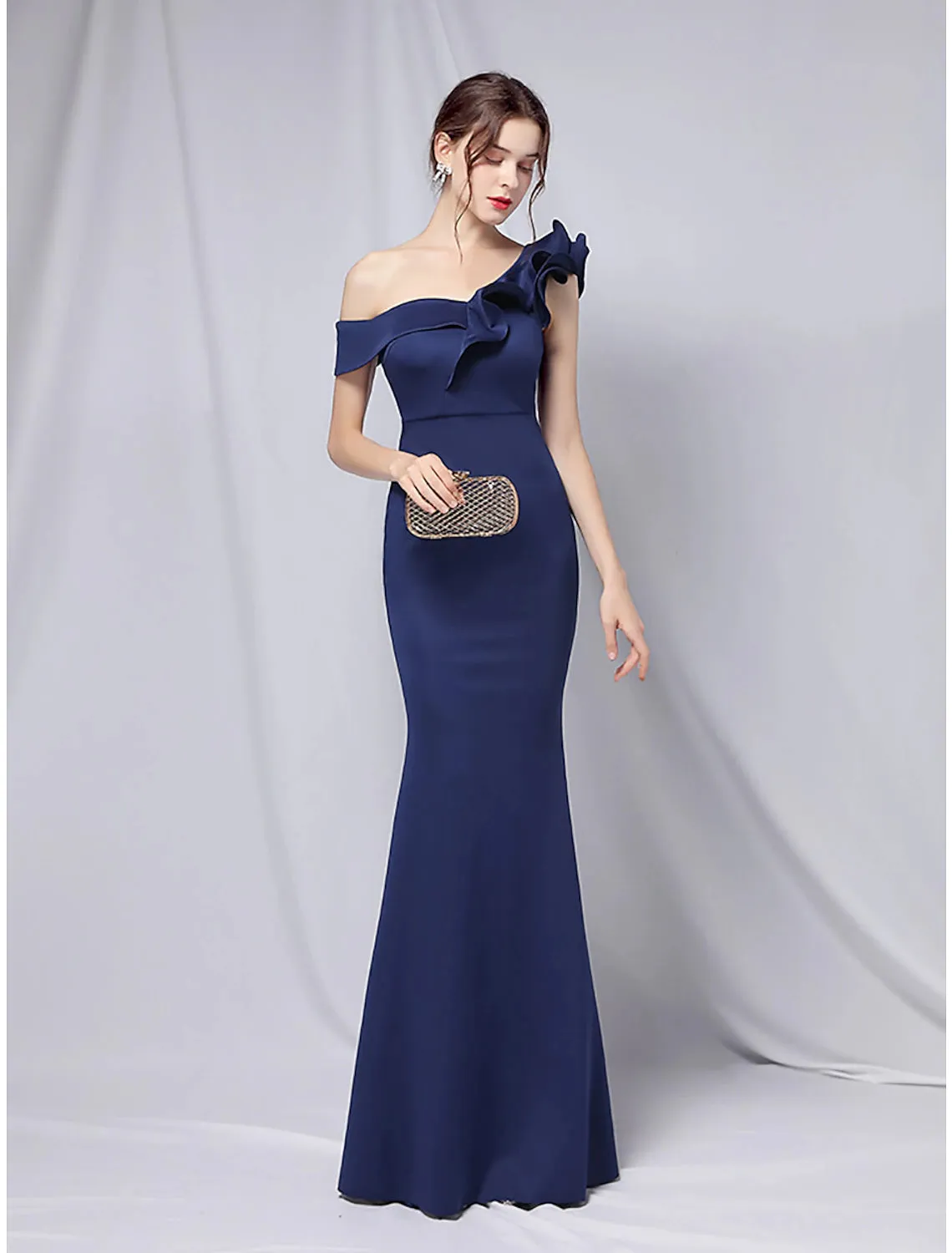 Mermaid / Trumpet Evening Gown Empire Dress Wedding Guest Formal Evening Floor Length Short Sleeve One Shoulder Stretch Satin with Ruffles