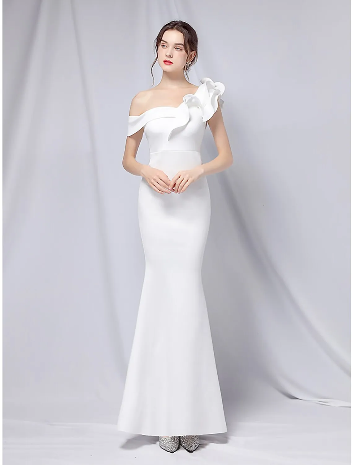 Mermaid / Trumpet Evening Gown Empire Dress Wedding Guest Formal Evening Floor Length Short Sleeve One Shoulder Stretch Satin with Ruffles