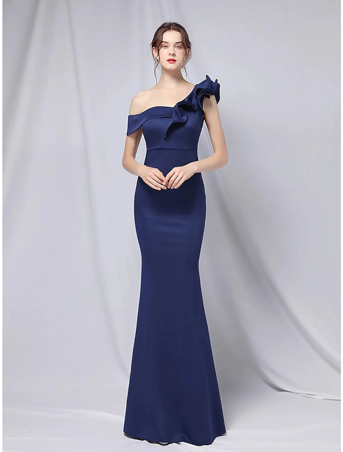 Mermaid / Trumpet Evening Gown Empire Dress Wedding Guest Formal Evening Floor Length Short Sleeve One Shoulder Stretch Satin with Ruffles