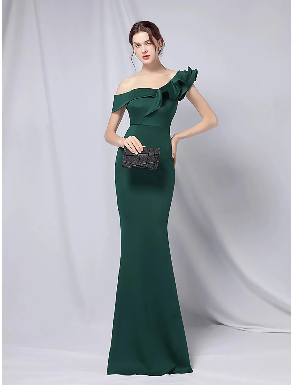 Mermaid / Trumpet Evening Gown Empire Dress Wedding Guest Formal Evening Floor Length Short Sleeve One Shoulder Stretch Satin with Ruffles