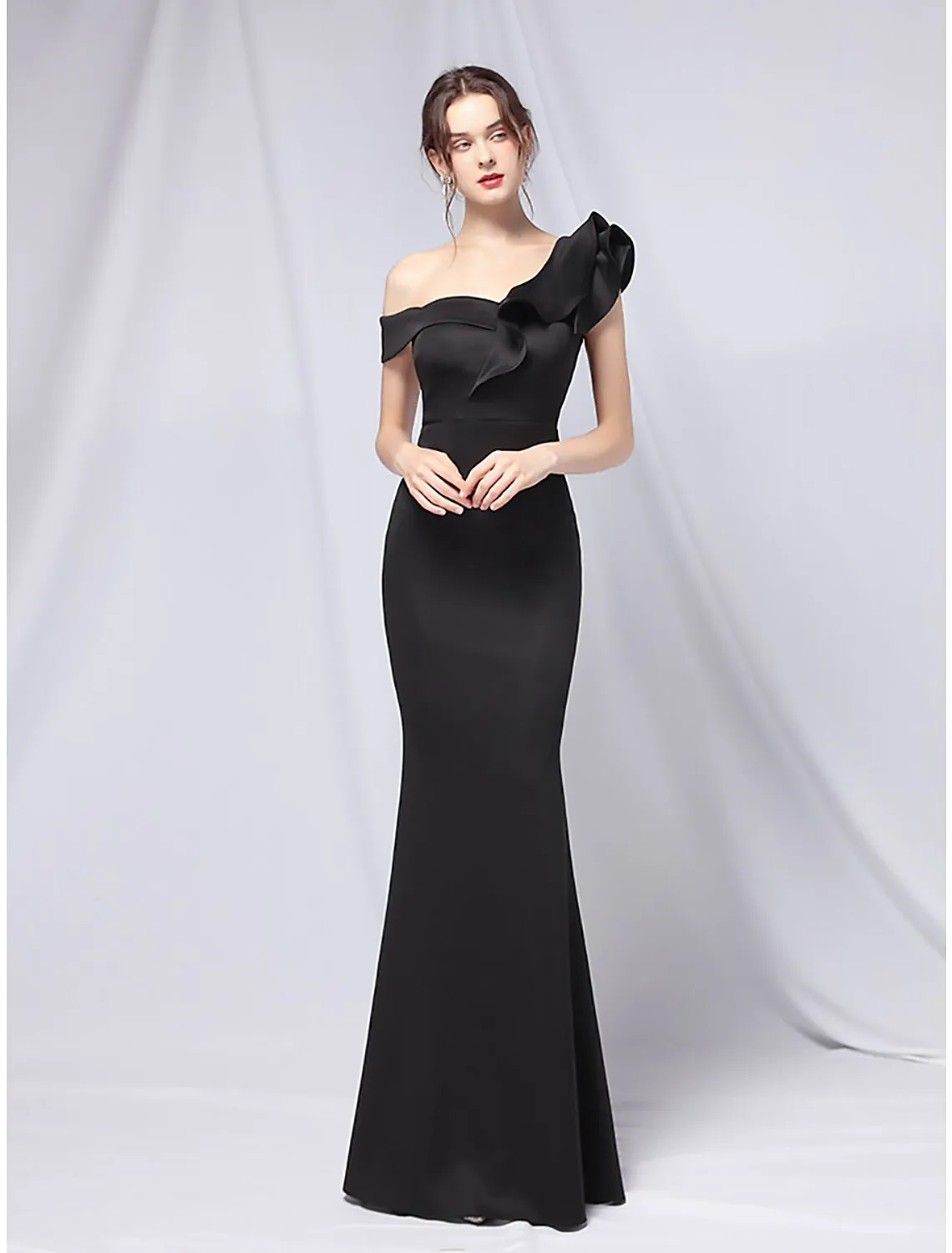 Mermaid / Trumpet Evening Gown Empire Dress Wedding Guest Formal Evening Floor Length Short Sleeve One Shoulder Stretch Satin with Ruffles