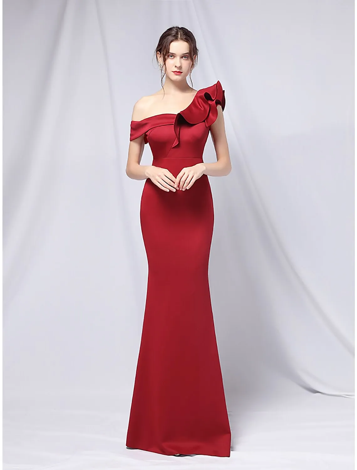 Mermaid / Trumpet Evening Gown Empire Dress Wedding Guest Formal Evening Floor Length Short Sleeve One Shoulder Stretch Satin with Ruffles