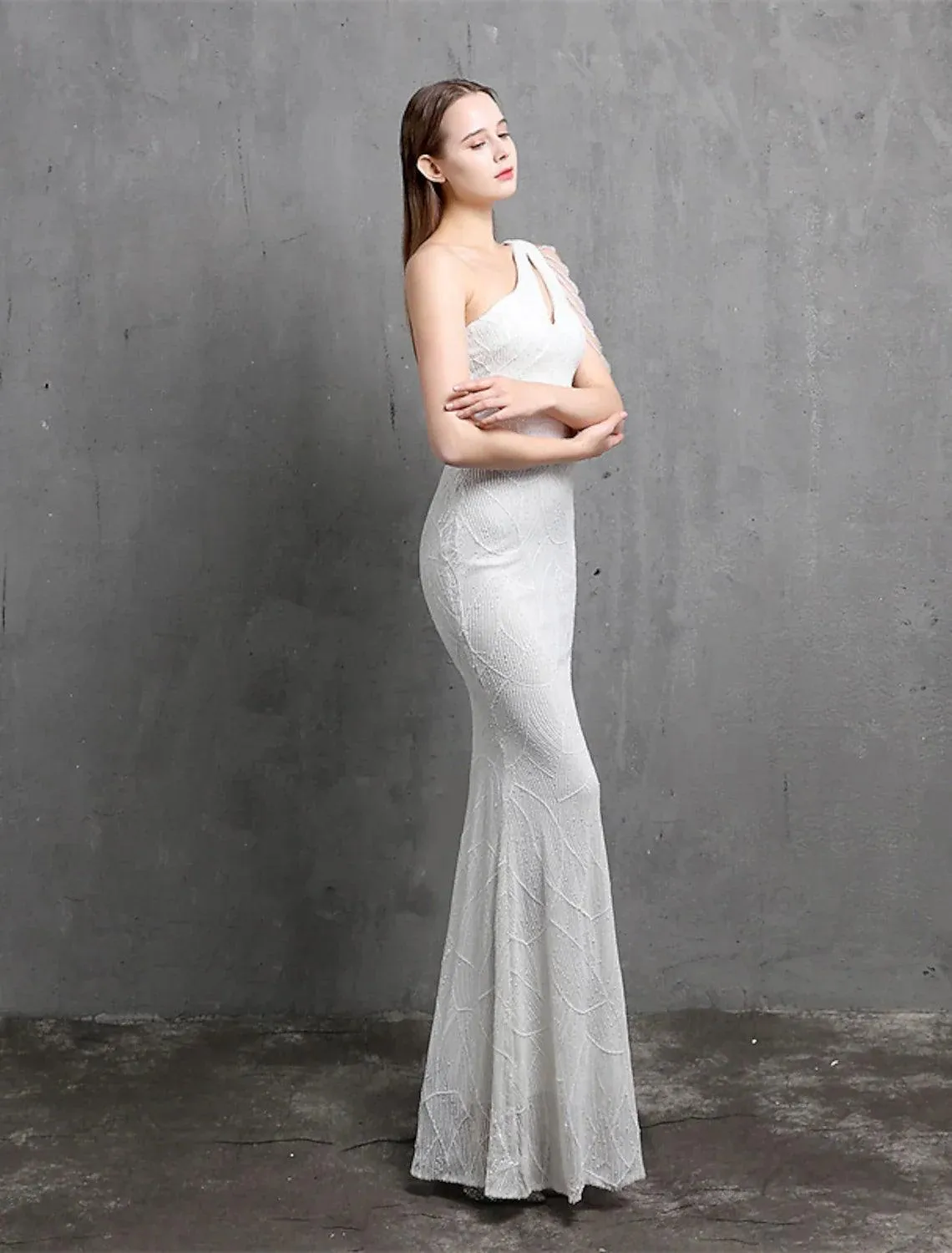 Mermaid / Trumpet Evening Gown Sparkle & Shine Dress Formal Wedding Guest Floor Length Short Sleeve One Shoulder Sequined with Sequin