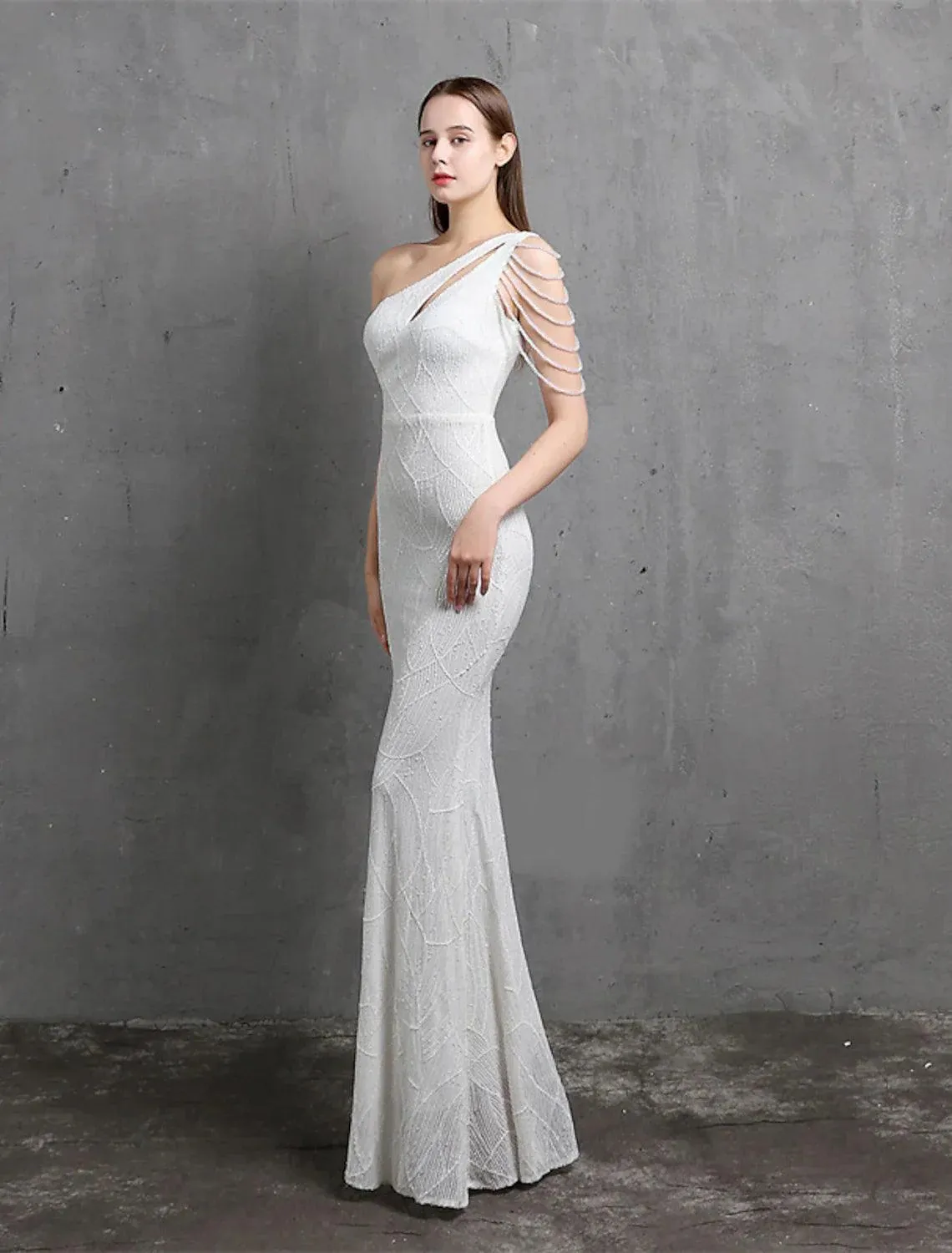 Mermaid / Trumpet Evening Gown Sparkle & Shine Dress Formal Wedding Guest Floor Length Short Sleeve One Shoulder Sequined with Sequin