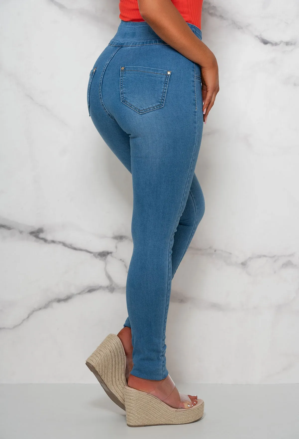 Must Be Love Light Blue Button High Waist Skinny Jeans