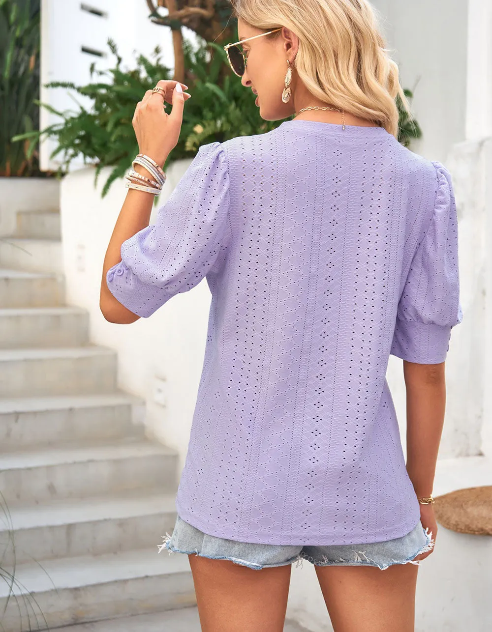 Plain Cut Out Round Neck Short Sleeve Shirt