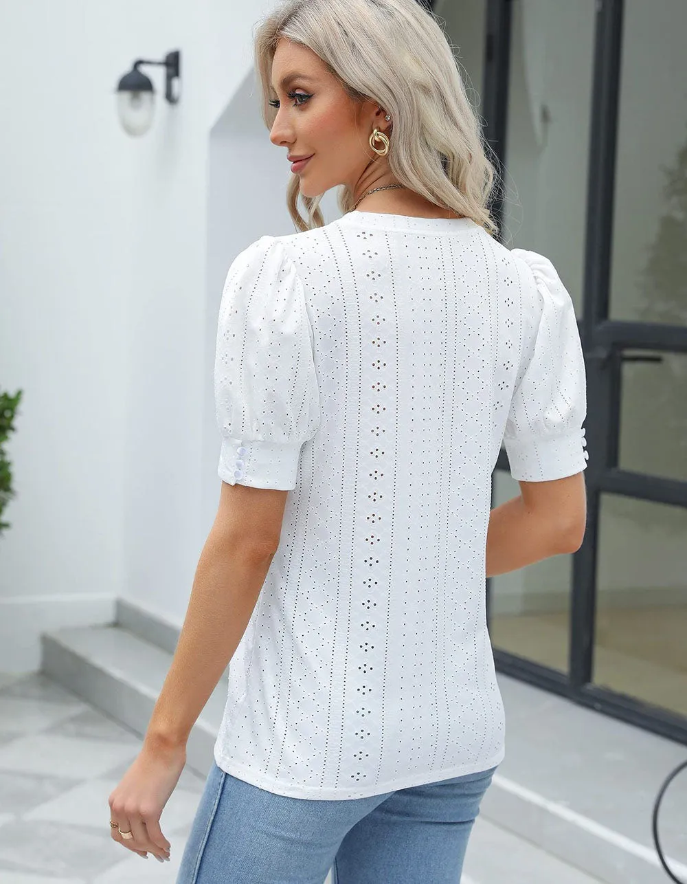 Plain Cut Out Round Neck Short Sleeve Shirt