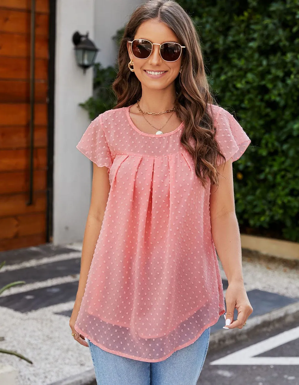 Plain Round Neck Chiffon Short Cap Sleeve Shirt