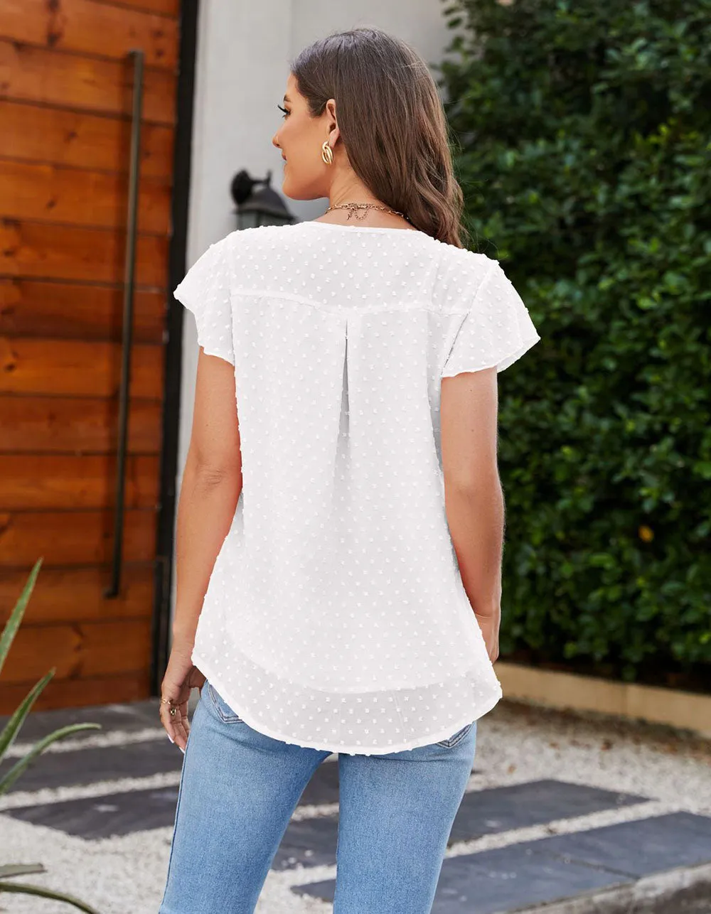 Plain Round Neck Chiffon Short Cap Sleeve Shirt