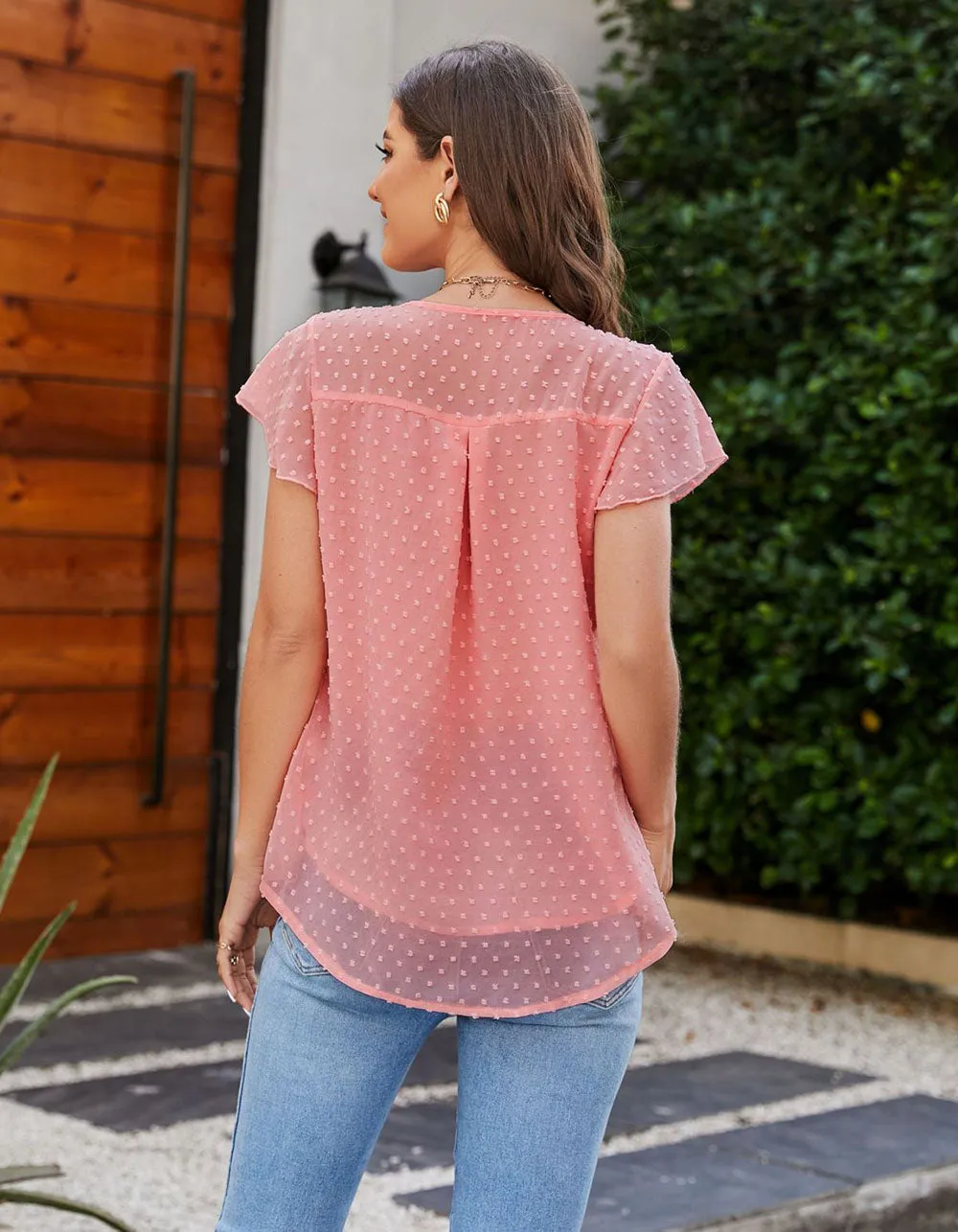 Plain Round Neck Chiffon Short Cap Sleeve Shirt