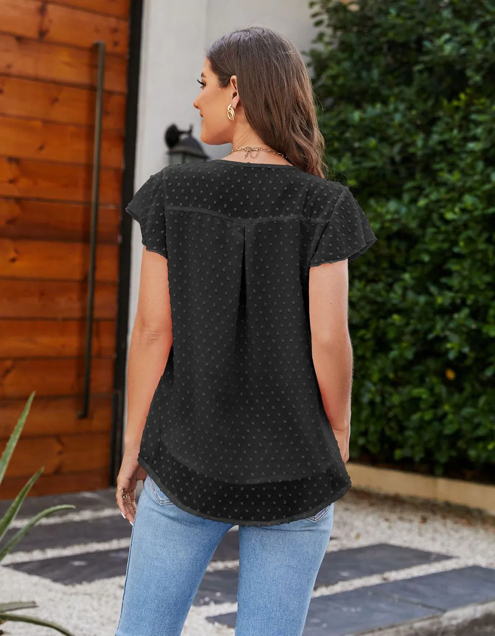 Plain Round Neck Chiffon Short Cap Sleeve Shirt