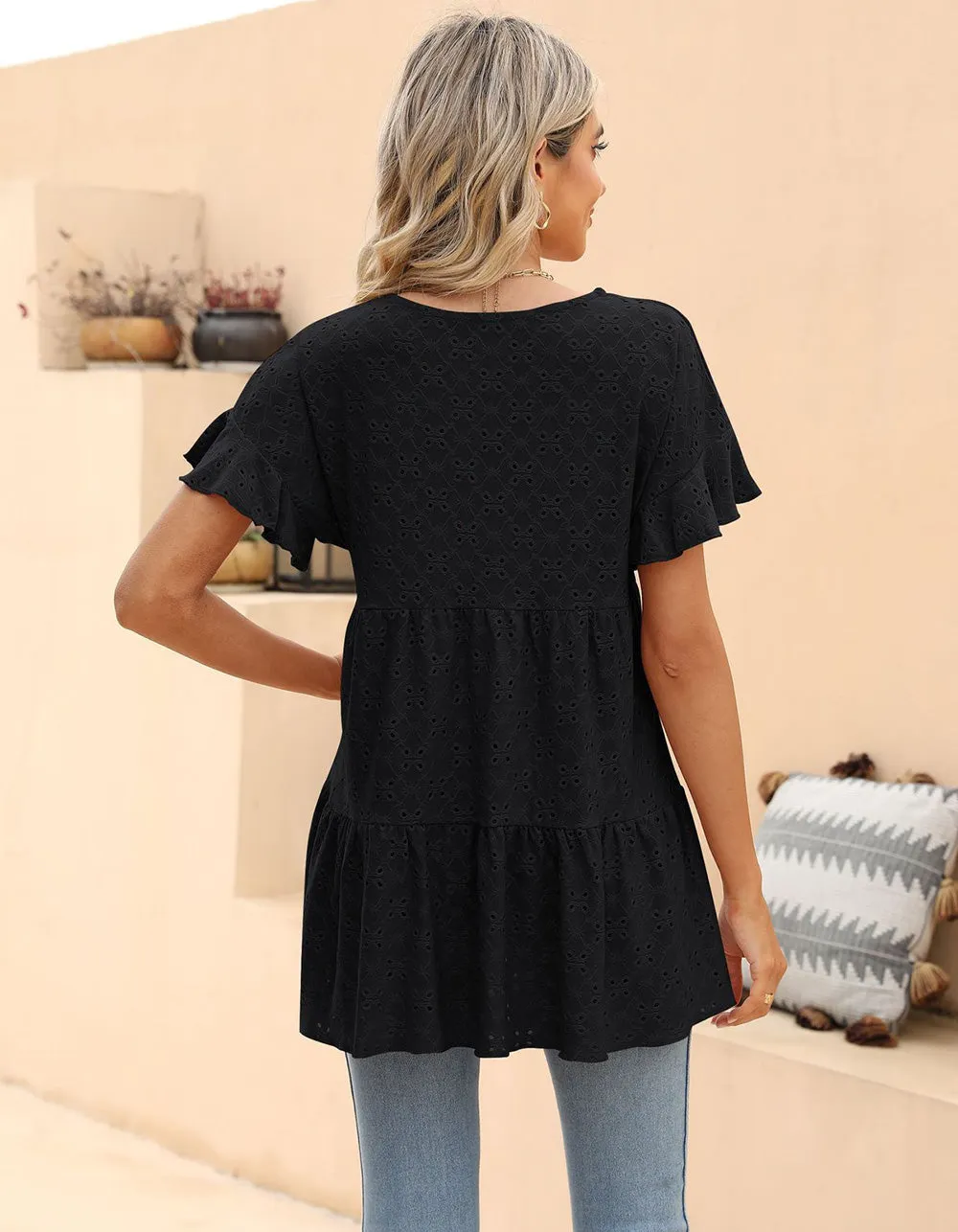 Plain Round Neck Ruffle Jacquard Cute Shirt