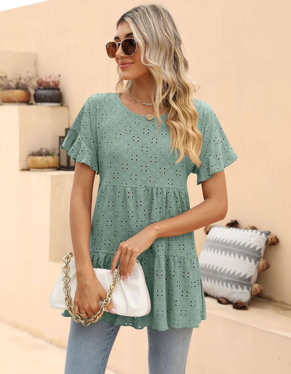 Plain Round Neck Ruffle Jacquard Cute Shirt