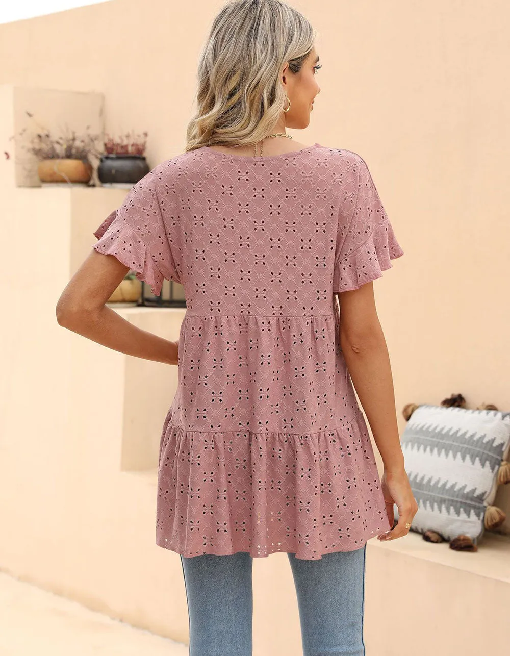 Plain Round Neck Ruffle Jacquard Cute Shirt