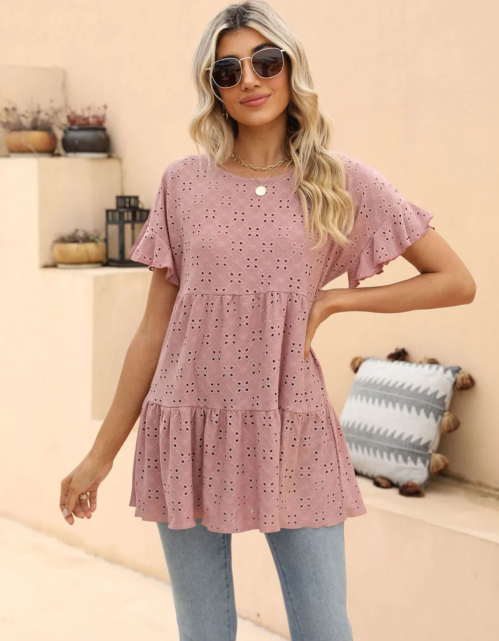 Plain Round Neck Ruffle Jacquard Cute Shirt