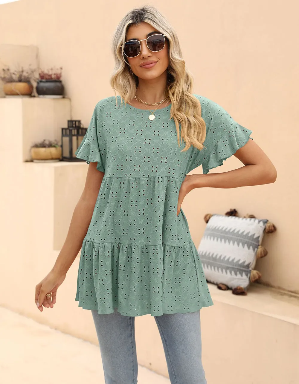 Plain Round Neck Ruffle Jacquard Cute Shirt