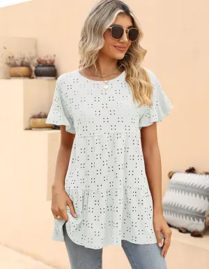 Plain Round Neck Ruffle Jacquard Cute Shirt
