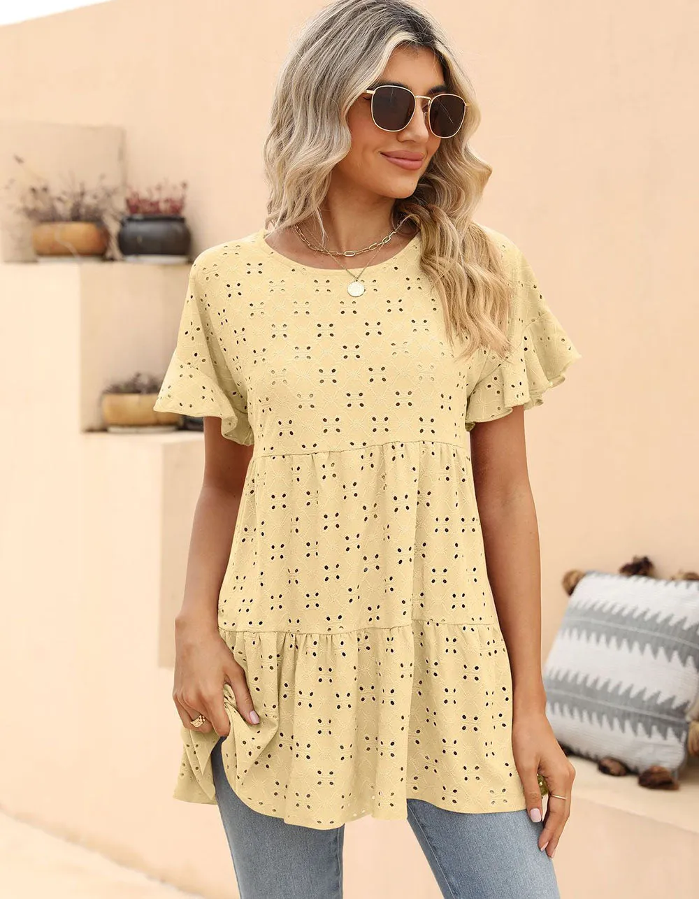 Plain Round Neck Ruffle Jacquard Cute Shirt