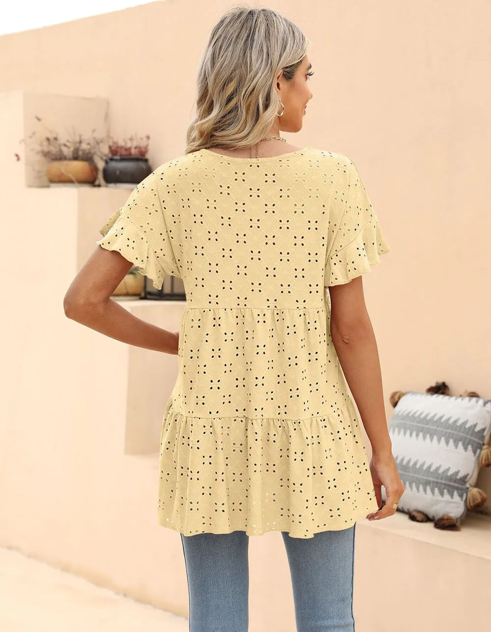 Plain Round Neck Ruffle Jacquard Cute Shirt