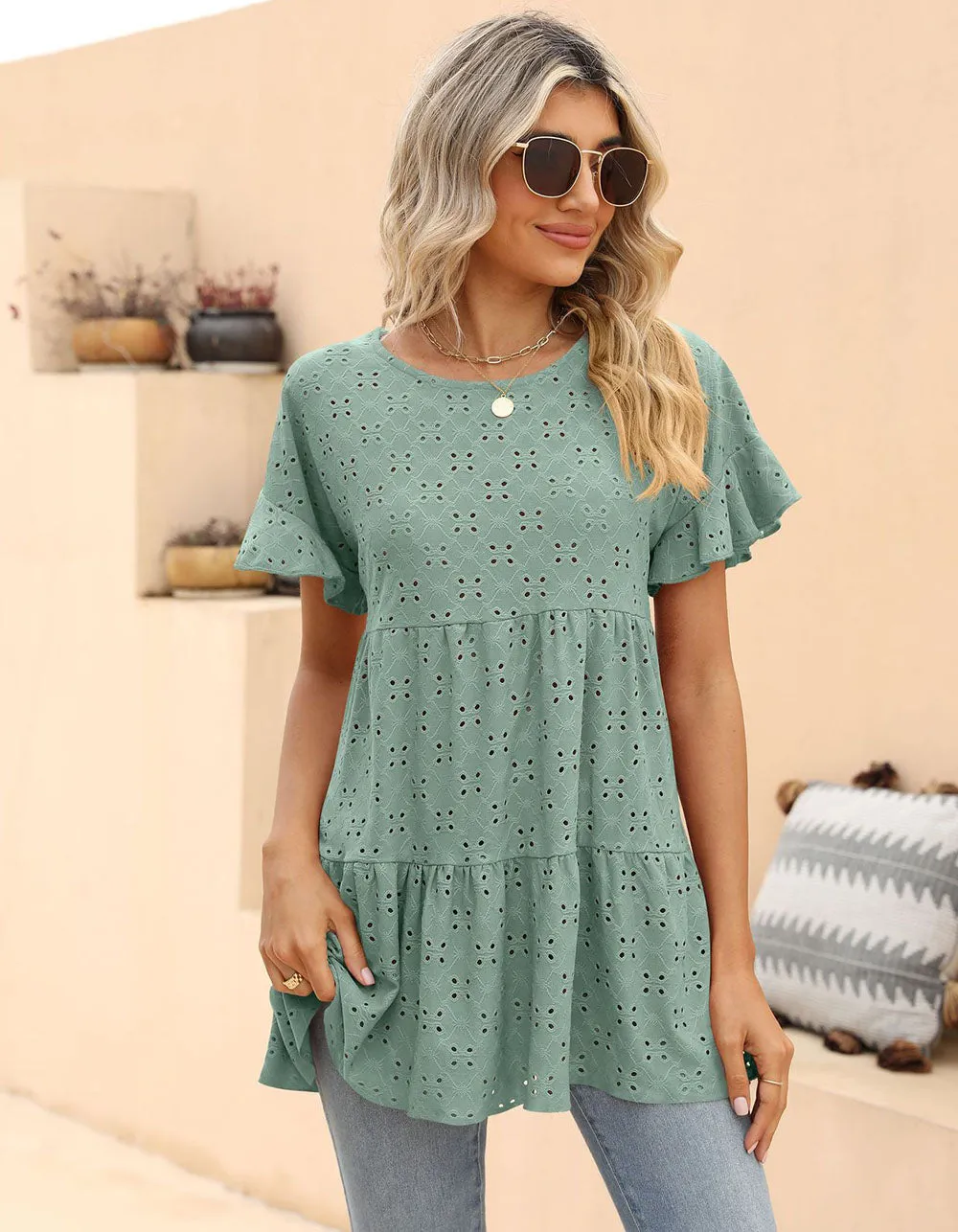 Plain Round Neck Ruffle Jacquard Cute Shirt