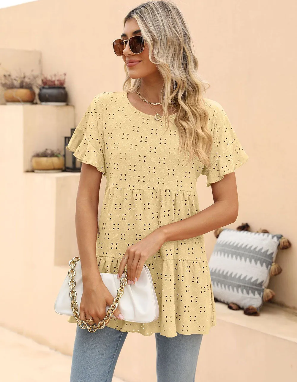 Plain Round Neck Ruffle Jacquard Cute Shirt