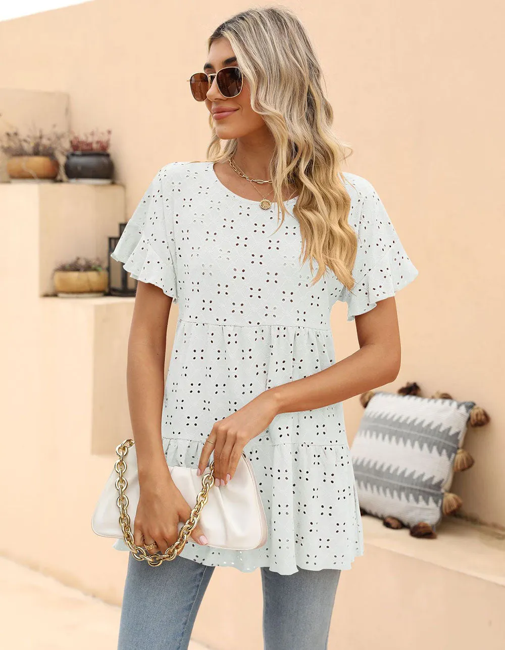 Plain Round Neck Ruffle Jacquard Cute Shirt