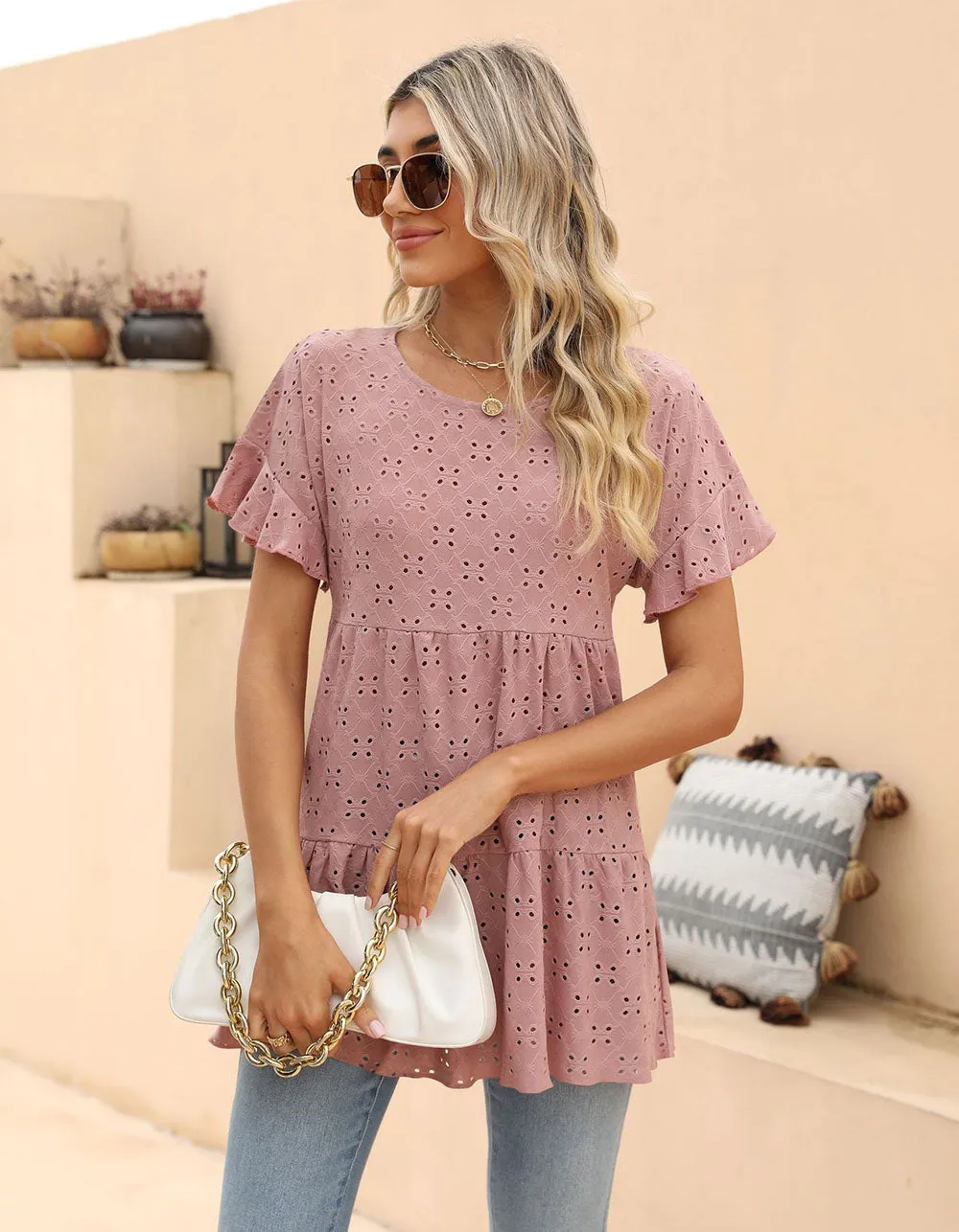 Plain Round Neck Ruffle Jacquard Cute Shirt