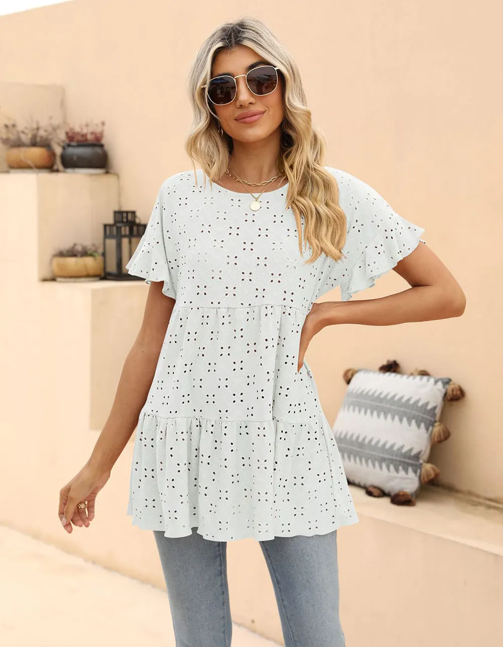 Plain Round Neck Ruffle Jacquard Cute Shirt
