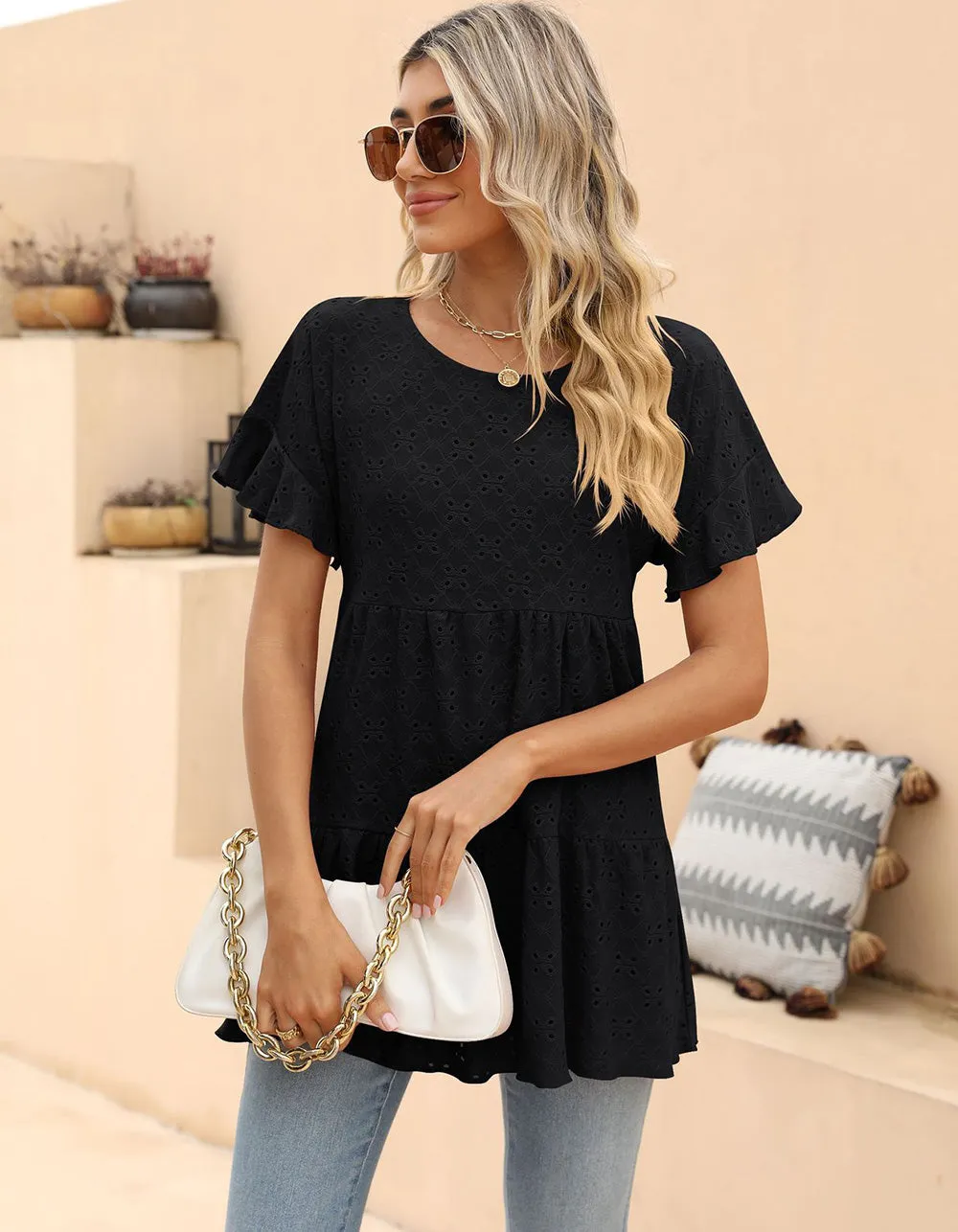 Plain Round Neck Ruffle Jacquard Cute Shirt