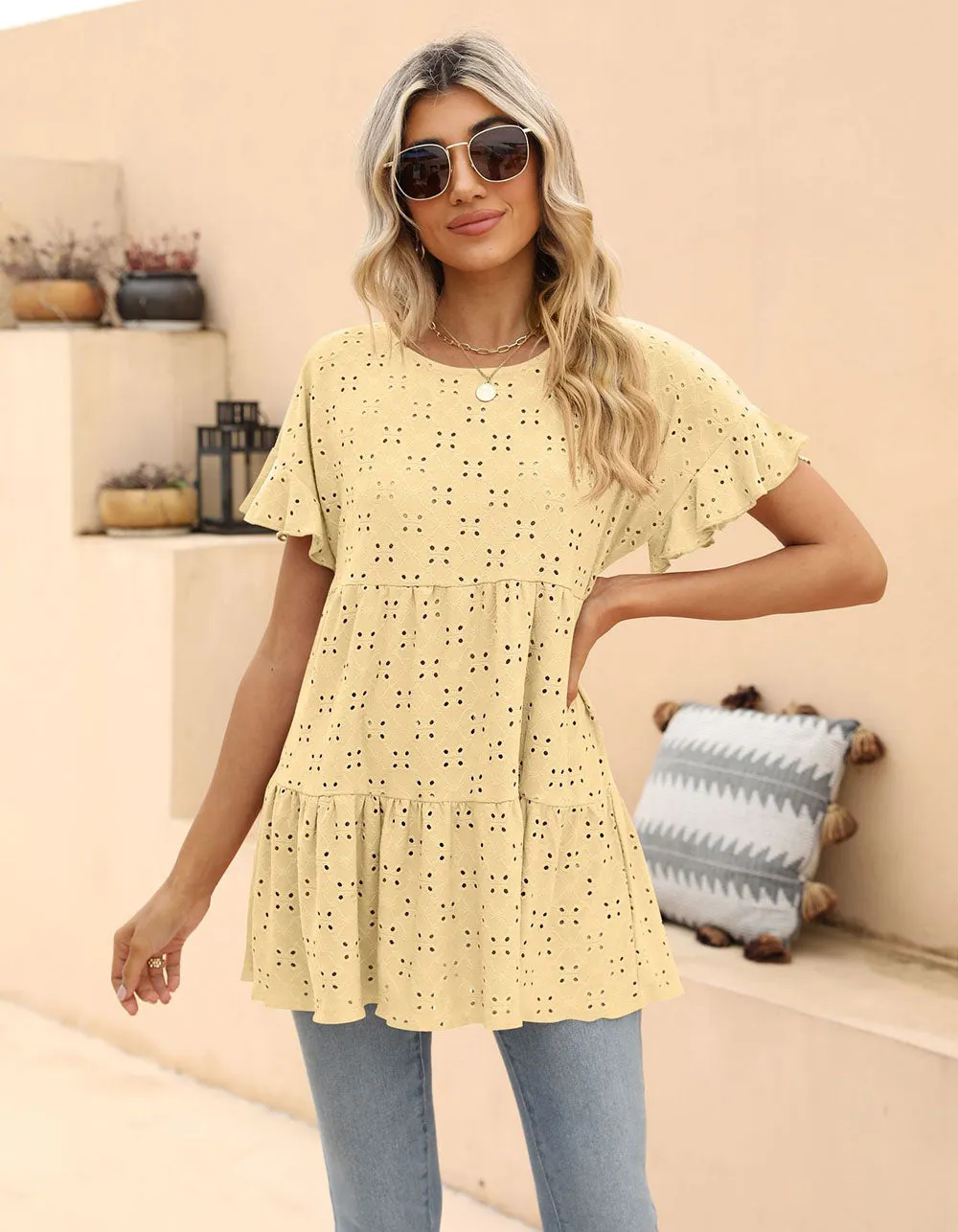 Plain Round Neck Ruffle Jacquard Cute Shirt