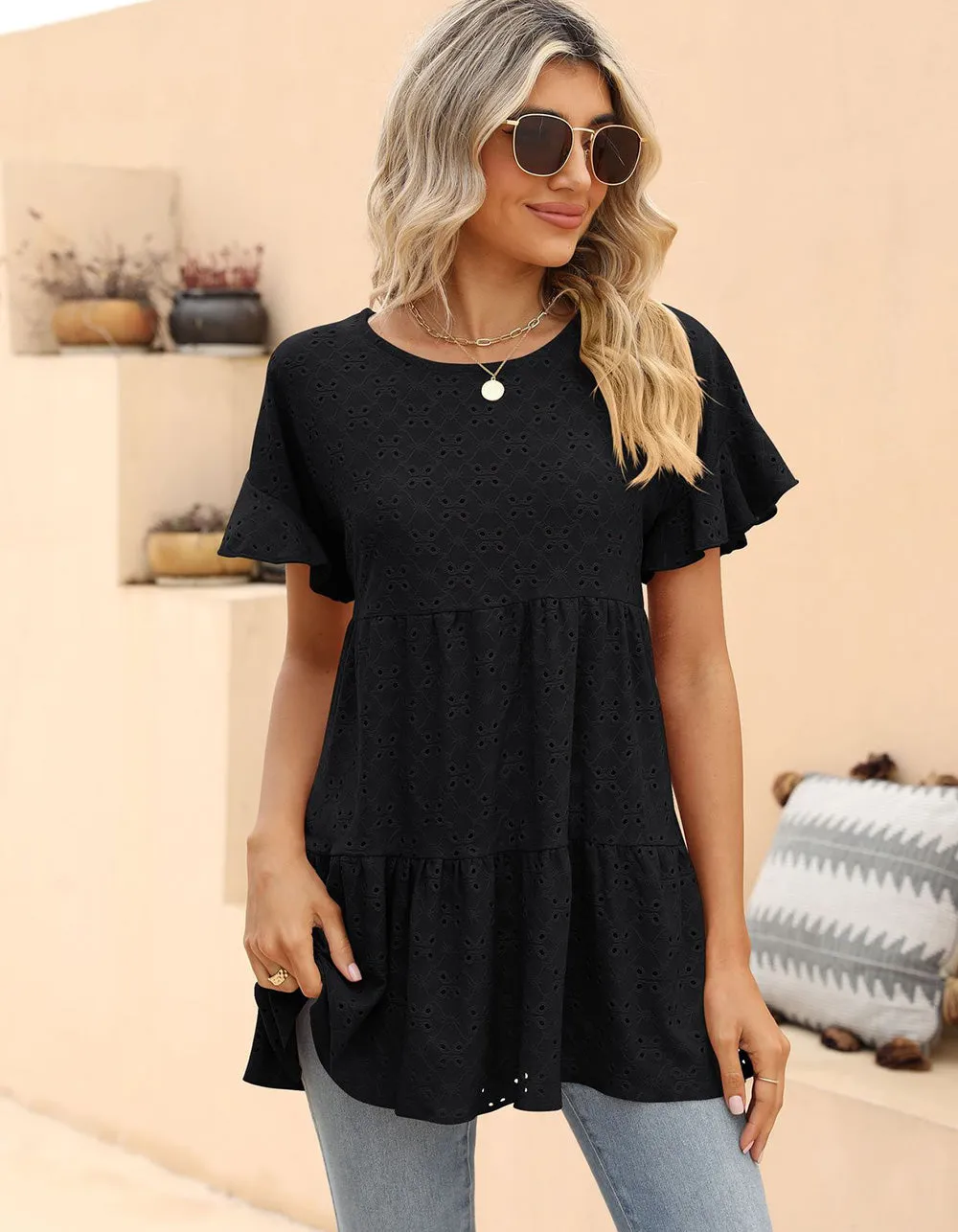 Plain Round Neck Ruffle Jacquard Cute Shirt
