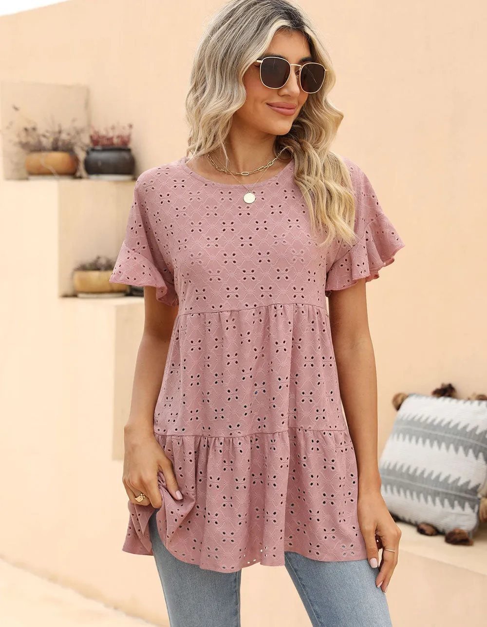 Plain Round Neck Ruffle Jacquard Cute Shirt