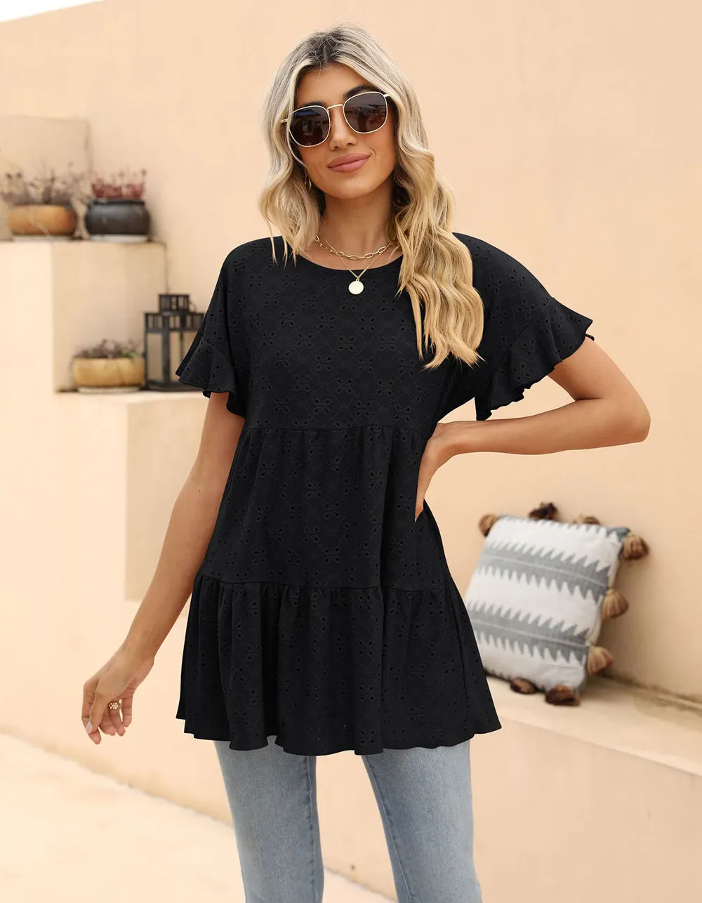 Plain Round Neck Ruffle Jacquard Cute Shirt