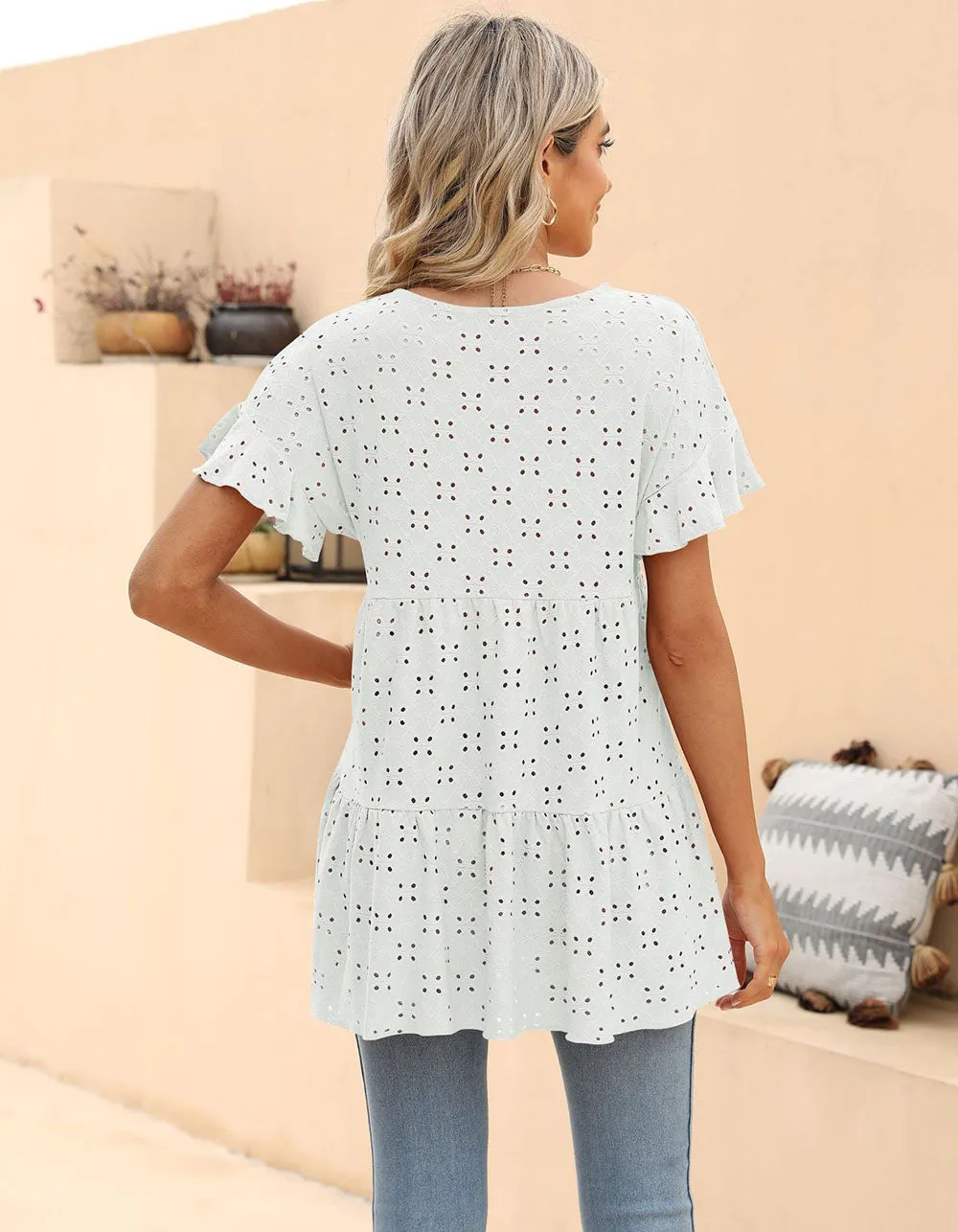 Plain Round Neck Ruffle Jacquard Cute Shirt