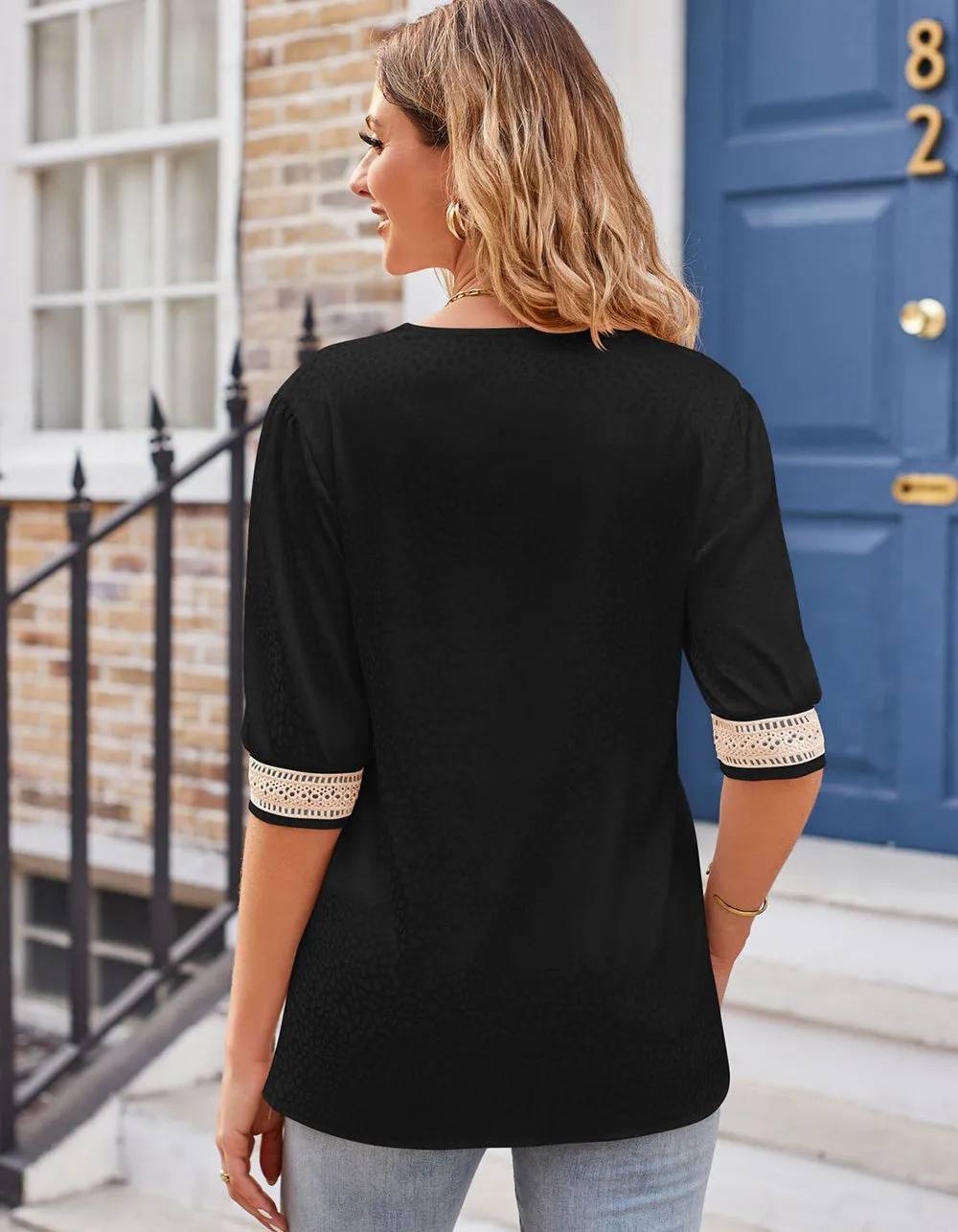Plain V Neck Lace Satin 1/2 Sleeve Loose Shirt