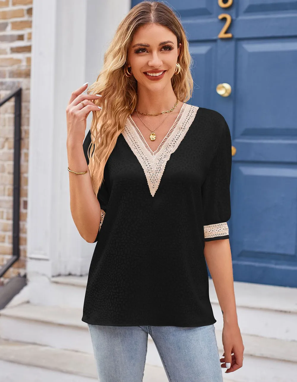 Plain V Neck Lace Satin 1/2 Sleeve Loose Shirt