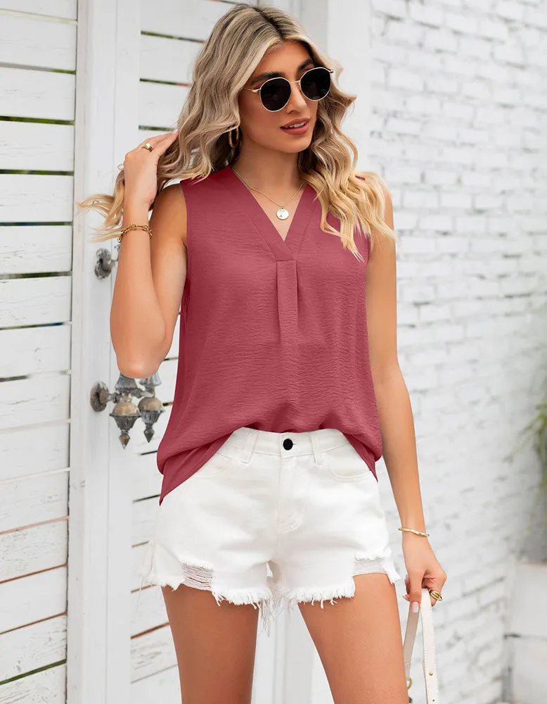 Plain V-neck Loose Chiffon Sleeveless Top