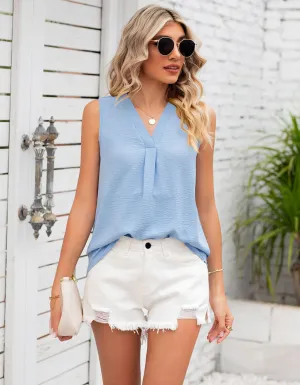 Plain V-neck Loose Chiffon Sleeveless Top
