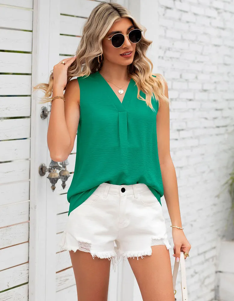 Plain V-neck Loose Chiffon Sleeveless Top