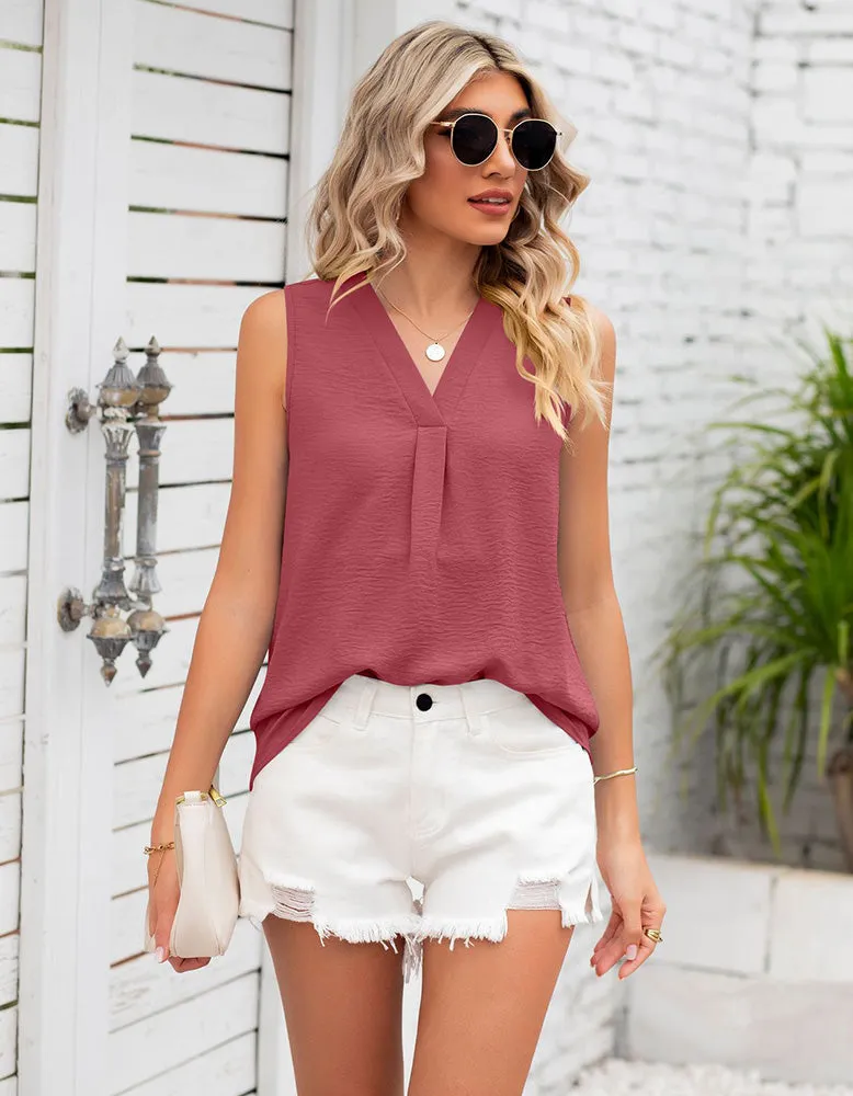 Plain V-neck Loose Chiffon Sleeveless Top