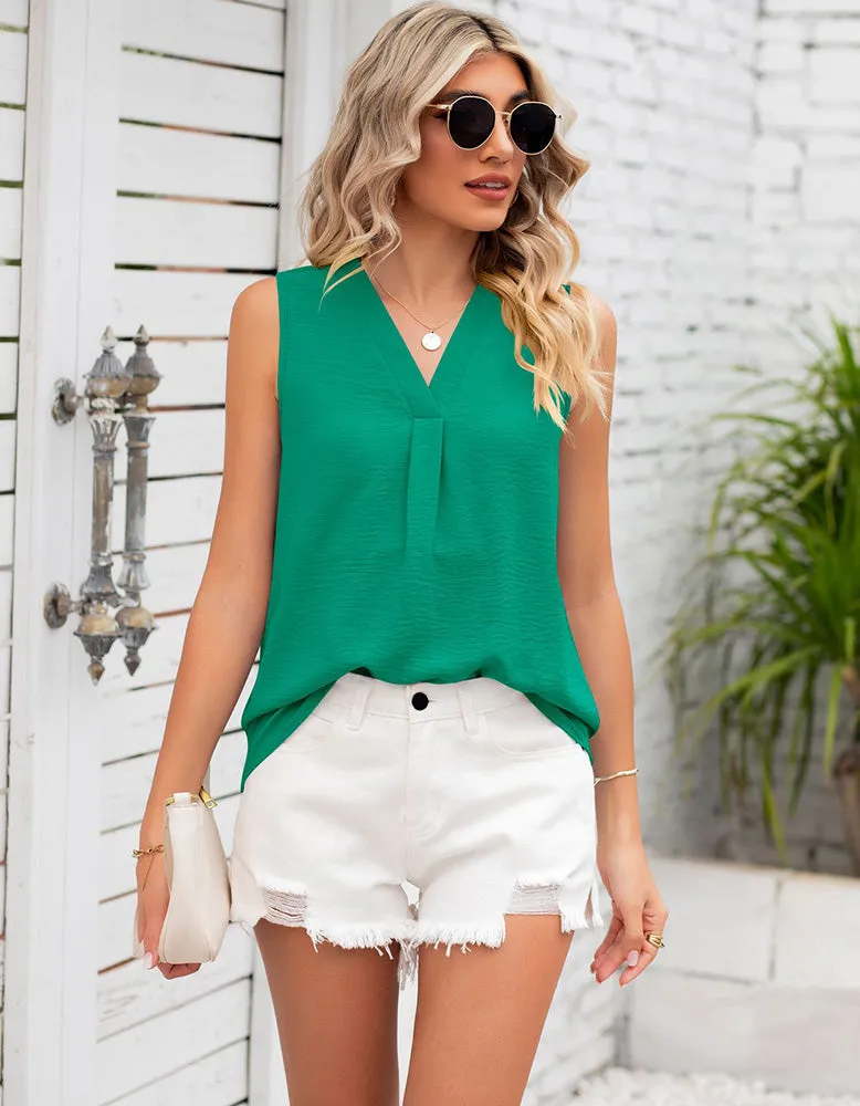 Plain V-neck Loose Chiffon Sleeveless Top
