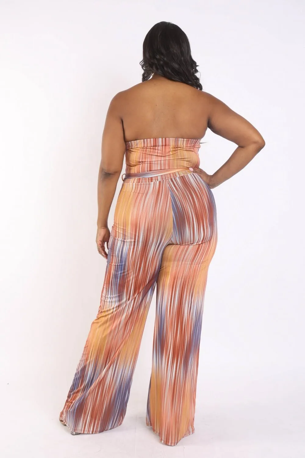 Plus Size Orange smocked Tube strapless Self Tie Wide Leg long pant Jumpsuit