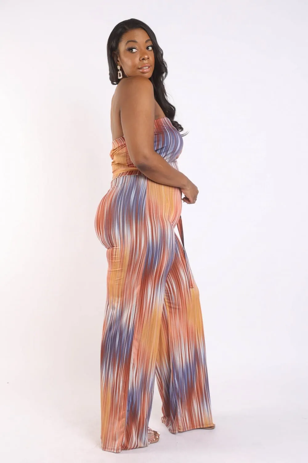 Plus Size Orange smocked Tube strapless Self Tie Wide Leg long pant Jumpsuit