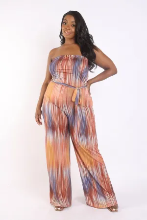 Plus Size Orange smocked Tube strapless Self Tie Wide Leg long pant Jumpsuit