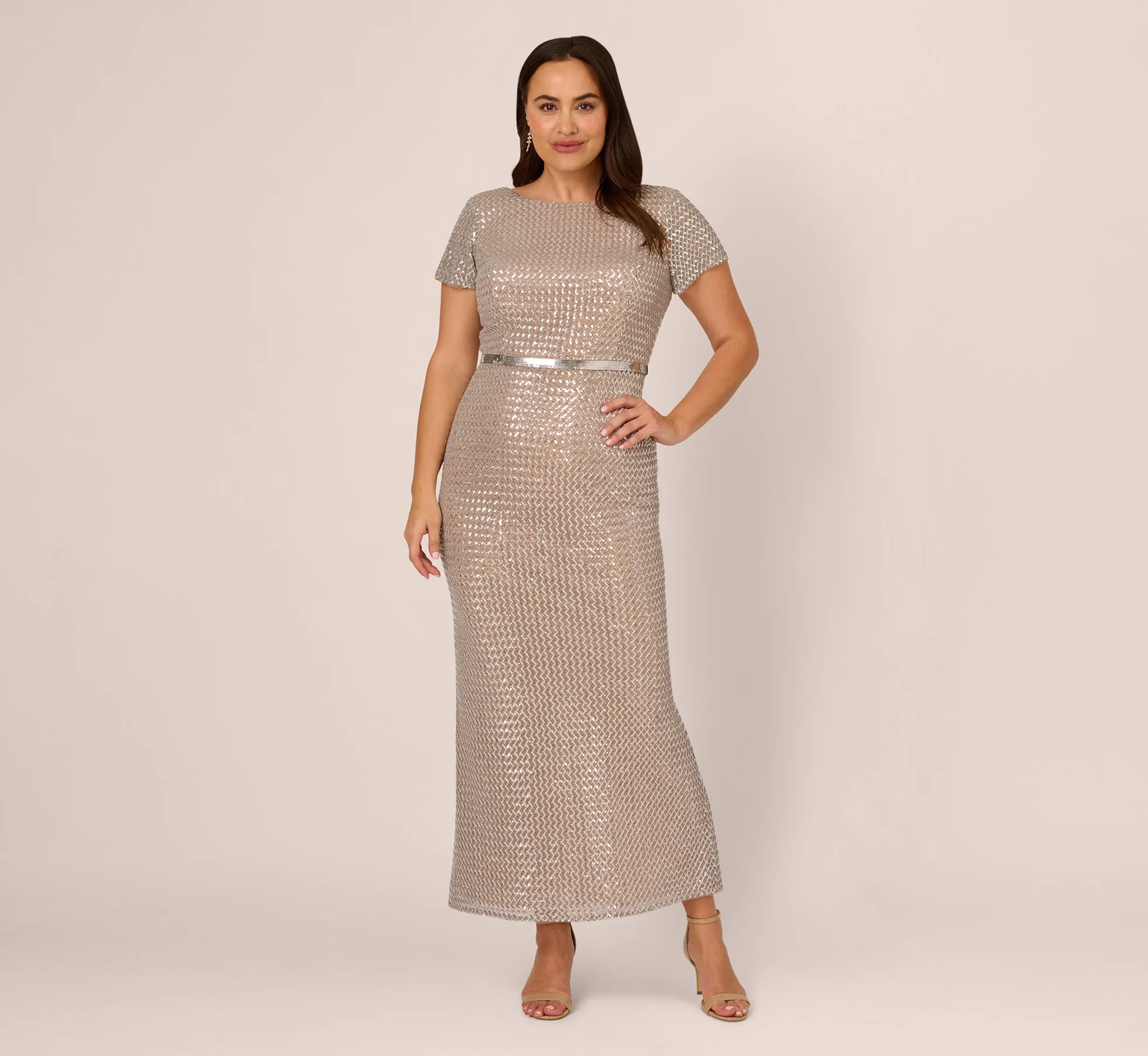 Plus Size Sequin Short Sleeve Column Gown With Embellished Waist In Silver Nude